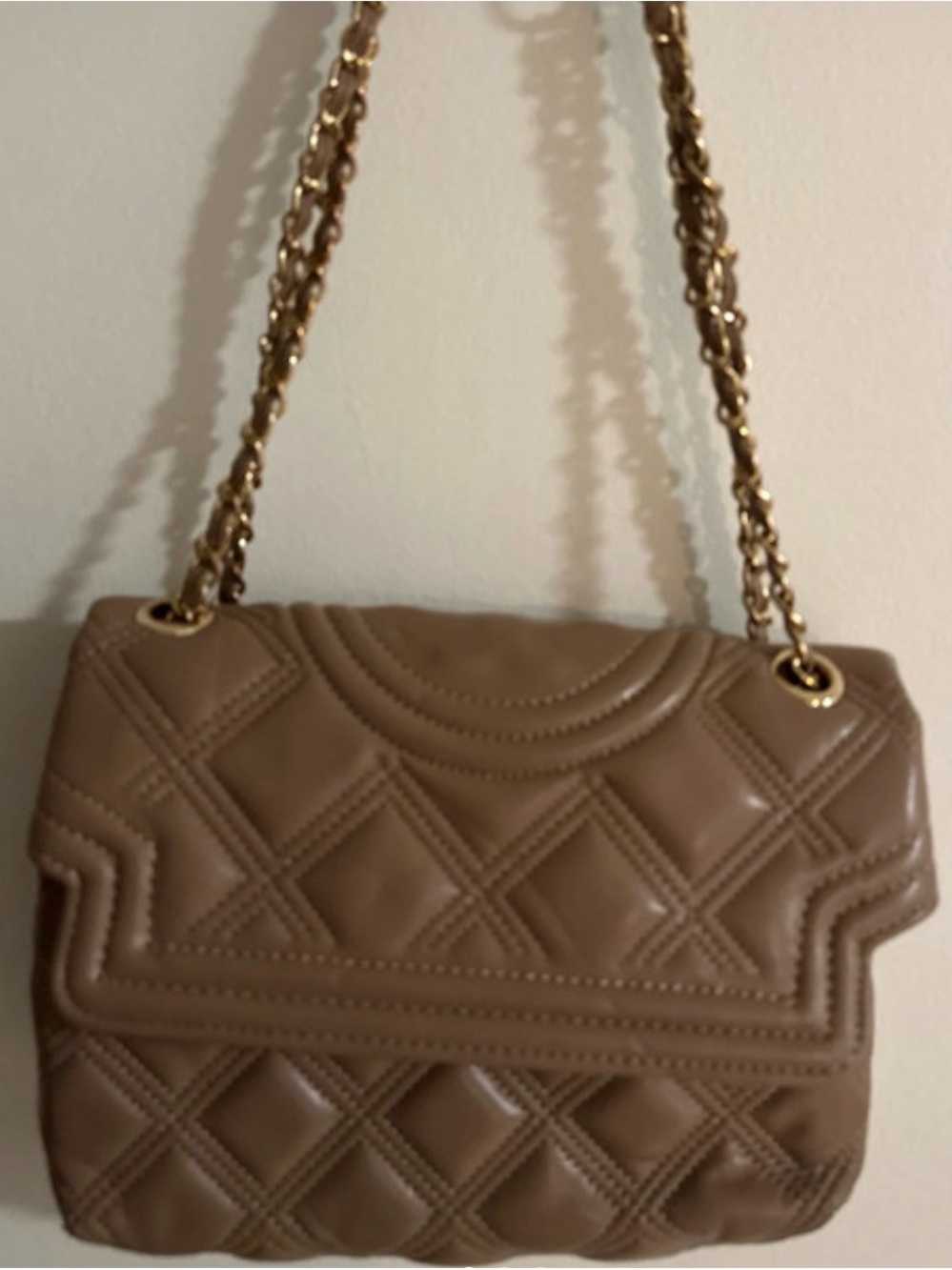 Taupe Quilted Shoulder Bag with Gold Chain Strap